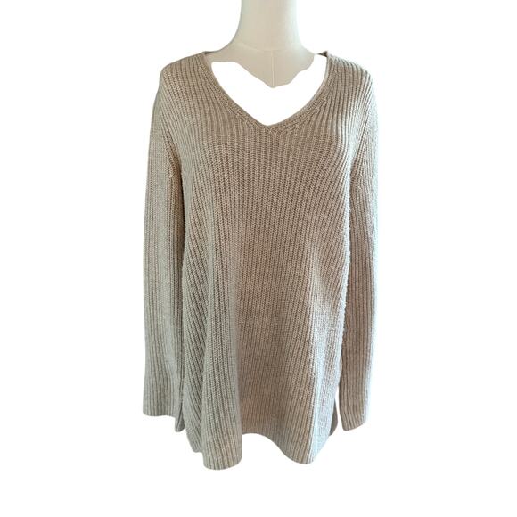 J Jill Beige Ribbed Knit Sweater Women Small V Neck Wool Blend Neutral Fall Chic - Picture 1 of 8